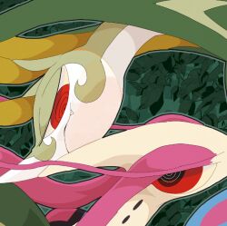animals_only hypnotic_eyes looking_at_viewer milotic nintendo open_mouth pokemon pokemon_(creature) serperior smile snake spiral_eyes symbol_in_eyes winte