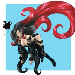 androgynous_dom arm_warmers bare_breasts bent_over black_hair blue_background breasts character_request cleavage femsub floating gravity_rush kaa_eyes katsiika large_breasts pendulum raven_(gravity_rush) red_hair shoes simple_background thighs topless very_long_hair