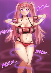  absurdres bikini blush breasts chicken_pose empty_eyes female_only femsub fire_emblem fire_emblem_three_houses glasses glowing glowing_eyes hilda_valentine_goneril large_breasts long_hair looking_at_viewer midriff mochi_dance navel nintendo open_mouth pink_eyes pink_hair smeef solo text twintails 