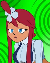  blue_eyes breasts dazed disguised_hypnotist drool empty_eyes expressionless female_only femsub large_breasts leaning_forward long_hair nintendo pokemon pokemon_black_and_white red_hair skyla solo spiral 