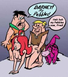all_fours barney_rubble bottomless breasts dialogue expressionless femsub fred_flintstone humor long_hair maledom manip nude pebbles_flintstone red_hair sex spiral_eyes symbol_in_eyes text the_flintstones topless western