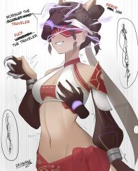  aether_(genshin_impact) bare_shoulders blindfold bracelet braid breast_grab breasts brown_hair cleavage dialogue drool enemy_conversion english_text eremite_desert_clearwater eroborne female_only femsub genshin_impact groping hair_ornament hand_on_head happy_trance headband holding_breasts magic midriff phantom_hand short_hair signature smile solo tagme text thought_bubble twintails 