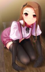  all_fours bangs blush breasts brown_hair clothed collar dress empty_eyes expressionless female_only femsub frills gloves hair_band iori_minase irori kneeling long_hair looking_at_viewer opera_gloves ribbon solo the_idolm@ster thighhighs 