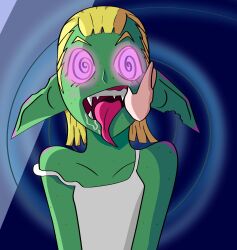  androgynous androgynous_sub blonde_hair drool femsub finger_in_mouth glowing_eyes goblin goblin_girl green_skin gwindy iggs_(gwindy) original spiralwash_eyes tank_top tongue_out 