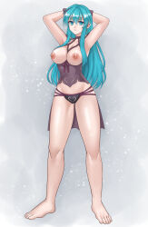  armpits arms_above_head arms_behind_back bare_legs bare_shoulders barefoot blue_eyes blue_hair breasts cape clothed_exposure earrings eirika_(fire_emblem) empty_eyes erect_nipples exposed_chest expressionless eyebrows_visible_through_hair feet female_only femsub fire_emblem fire_emblem_the_sacred_stones hazuki_(nyorosuke) large_breasts lingerie long_hair looking_at_viewer nintendo nipples panties simple_background solo standing thick_thighs underwear 
