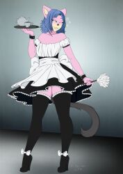  blue_hair breasts feather_duster femsub furry happy_trance high_heels large_breasts liferien long_hair maid original thighhighs tray 