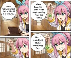 ai_art aubrey_(omori) blue_eyes box hair_band long_hair pendulum pink_hair smirk tank_top