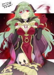  arm_bands arm_warmers bare_shoulders bracelet cape choker cleavage cleavage_cutout clothed corruption dress empty_eyes eyebrows_visible_through_hair female_only femsub fire_emblem fire_emblem_echoes gloves glowing green_hair hair_ornament jewelry legs lipstick long_hair looking_at_viewer nintendo red_eyes solo tagme tatiana_(fire_emblem) witch yukia_(firstaid0) 
