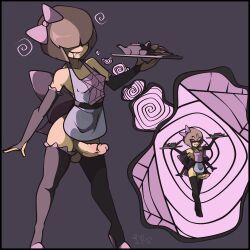  altered_perception androgynous apron blindfold bottomless bug_boy corruption crossdressing drool erection femboy frisk_(undertale) gloves happy_trance illusion lavenderrose maid male_only malesub muffet multiple_arms naked_apron opera_gloves penis ribbon solo spider_boy thighhighs thought_bubble trap tray undertale waiter 