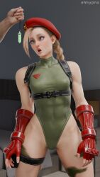 3d abs ahoge bare_legs blonde_hair blue_eyes blush bracers braid breasts cammy_white collarbone crystal dazed eh emblem erect_nipples_under_clothes female_only femsub fingerless_gloves hat legs leotard long_hair open_mouth pendulum solo standing street_fighter wide_hips 