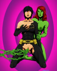 abs absurdres bare_legs barefoot batman_(series) belt black_hair bodysuit boots bottomless breast_grab cassandra_cain collarbone corruption crotch_cutout dc_comics female_only femdom femsub glowing_eyes green_eyes green_skin kneeling large_breasts light_skin lipstick long_hair makeup megaguardain muscle_girl nipples nude one_breast_out open_mouth pink_eyes poison_ivy pussy red_hair red_lipstick ring_background sex short_hair signature simple_background super_hero tagme tentacle_sex topless torn_clothes vines