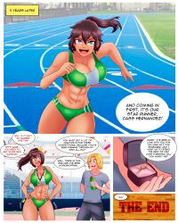 abs brown_hair caption comic large_breasts long_hair ponytail ring sports_bra sports_briefs themightfenek tomboy transgender