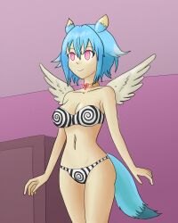bikini bikini_bottom bikini_top blue_hair character_request collar collarbone copyright_request femsub happy_trance hypnotic_accessory jewelry luanla_(moero_chronicles) midriff moero_chronicles mythkaz navel pink_eyes spiral_eyes tagme tail wings
