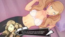  3d ann_takamaki bed blonde_hair bra collarbone dialogue earrings female_only femsub happy_trance ivatent leggings lying maledom navel on_back panties pants persona_(series) persona_5 piercing text twintails underwear whitewash_eyes 