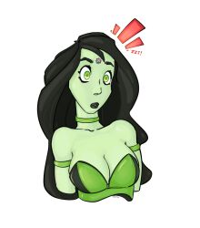  arm_bands bare_shoulders black_hair black_lipstick breasts choker cleavage collarbone confused dazed disney female_only femsub green_eyes green_skin insouciants kim_possible_(series) long_hair microchip open_mouth red_eyes shego simple_background solo tech_control white_background 