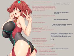  ass blush breasts caption caption_only consensual enigma88_(manipper) femsub happy_trance large_breasts manip nintendo one-piece_swimsuit pyra_(xenoblade) red_eyes red_hair short_hair smile swimsuit text v xenoblade_chronicles xenoblade_chronicles_2 