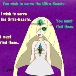 bare_shoulders blonde_hair crystal dress drool green_eyes hypnotic_accessory lusamine nintendo pokemon pokemon_sun_and_moon ring_eyes shyker simple_background solo text tongue tongue_out