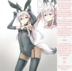  bee_(deadflow) breasts bunny_pose bunnysuit caption caption_only choker fake_animal_ears finger_snap fox_ears fox_girl fox_tail hair_ornament manip red_eyes small_breasts text white_hair 