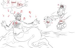 arm_hair blush chest_hair demoman_(team_fortress_2) dialogue eel_boy humor hypnotic_music male_only maledom malesub medic_(team_fortress_2) merman misha_(team_fortress_2) music mx_driftdrop red_eyes singing siren soldier_(team_fortress_2) spiral_eyes water white_background