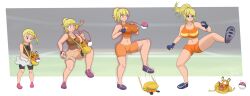  absurdres age_progression blonde_hair blue_eyes bonnie border breast_expansion breasts collarbone dedenne eye_color_change fingerless_gloves gloves hair_growth happy_trance large_breasts midriff navel nintendo pink_eyes pokeball pokemon pokemon_(creature) pokemon_x_and_y ponytail shrunken_irises smile spiral_eyes surprised symbol_in_eyes thatfreakgivz transformation 