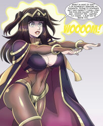  absurdres black_hair bracelet breasts cape circlet cleavage dialogue expressionless female_only femsub fire_emblem fire_emblem_awakening instant_loss jewelry long_hair magic nintendo resisting simple_background solo speech_bubble standing tagme text tharja zombie_walk zorro-zero 
