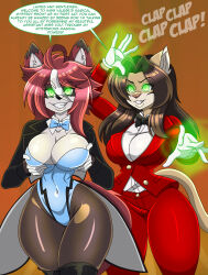  absurdres ahoge bow_tie breast_fondling brown_hair bunnysuit cleavage dialogue dress_shirt femdom femsub furry glowing glowing_eyes green_eyes groping holding_breasts large_breasts magic magician original pants pantyhose possession red_hair shirt simple_background smile speech_bubble stage_hypnosis standing suit tagme text thighhighs zorro-zero 