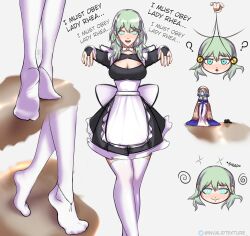  apron blush bow bow_tie byleth_eisner cleavage clothed coin dress eyebrows_visible_through_hair female_only femdom femsub fire_emblem fire_emblem_three_houses foot_focus green_eyes green_hair happy_trance long_hair looking_at_viewer maid mantra nintendo open_mouth pendulum rhea_(fire_emblem_three_houses) ribbon ring simple_background smile socks spiral_eyes tagme text thighhighs transparenttexture white_background zombie_walk 