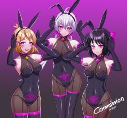  ahoge armpits barefoot black_hair blonde_hair blush boots bow bunny_ears bunny_girl bunny_pose bunnysuit chains cleavage collar crotch_tattoo empty_eyes fake_animal_ears garter_straps gloves gradient_background hair_ornament happy_trance hibiki_tachibana large_breasts leotard looking_at_viewer lukazyx miku_kohinata multiple_girls multiple_subs opera_gloves pink_eyes posing ribbon see-through senki_zesshou_symphogear short_hair signature simple_background smile standing thigh_boots thighhighs twintails yukine_chris 