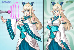 alerith angry before_and_after blonde_hair breasts choker cleavage earrings elf elf_ears empty_eyes english_text femsub green_eyes happy_trance hypnotic_beam kirika_towa_alma large_breasts long_hair magic ponytail shining_force shining_resonance smile spiral_background text