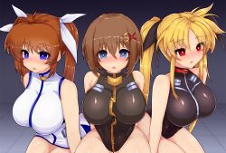 blonde_hair blue_eyes bodysuit breasts brown_hair empty_eyes expressionless fate_testarossa femsub hayate_yagami large_breasts long_hair magical_girl_lyrical_nanoha nanoha_takamachi open_mouth red_eyes red_hair ribbon short_hair unusual_pupils waizzz00