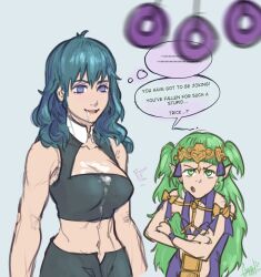  abs absurdres blue_eyes blue_hair blush breasts byleth_eisner cleavage coin dazed dialogue dress drool elf_ears empty_eyes english_text female_only femsub fire_emblem fire_emblem_three_houses gmun goddess green_eyes green_hair hair_ornament happy_trance large_breasts long_hair magic midriff milf navel nintendo open_mouth pendulum resisting sothis_(fire_emblem_three_houses) speech_bubble text 
