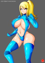 blonde_hair boots breasts cleavage clothed_exposure erect_nipples female_only glowing glowing_eyes icontrol_(manipper) large_breasts latex long_hair manip metroid_(series) navel nintendo ponytail samus_aran sling_bikini smile solo spiral_eyes symbol_in_eyes thigh_boots thighhighs witchking00 zero_suit