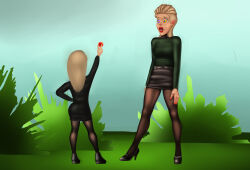 absurdres blonde_hair femdom femsub hagitragger high_heels hypnotic_accessory kaa_eyes open_mouth original pantyhose size_difference standing standing_at_attention