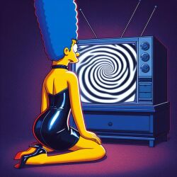  ai_art blue_hair collar dress femsub high_heels kneeling leather marge_simpson necklace solo spiral tech_control the_simpsons tv yellow_skin 