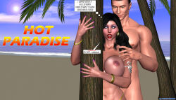  3d absurdres black_hair bracelet breasts cleavage collarbone earrings erect_nipples evil_smile expressionless femsub hot_paradise huge_breasts hypnoman jewelry lola_torres long_hair maledom milf netorare open_mouth ring sex smile text thong vaginal white_eyes 
