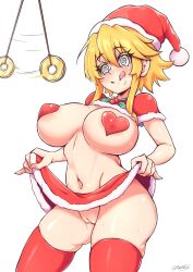 absurdres akame_ga_kill! bebatch blonde_hair bottomless breasts christmas coin female_only femsub happy_trance hat heart heart_pasties holly large_breasts leone licking_lips navel pasties pendulum pussy santa_hat short_hair skirt skirt_lift solo spiral_eyes symbol_in_eyes thighhighs tongue white_background 