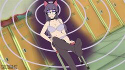  animal_ears assertive_sub bra breasts cartoonzombie chair choker collarbone crossed_legs english_text eyelashes eyeshadow feet femsub gal_gun hourglass_figure hypnotized_hypnotist hypnovember large_breasts locker_room long_hair makeup midriff navel panties pov pov_sub purple_hair shinobu_kamizono sitting smile spiral spiralwash_eyes text thighhighs underwear 