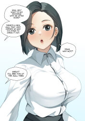 black_eyes black_hair breasts clothed dialogue hadant huge_breasts office_lady open_mouth original rina_(hadant) short_hair simple_background text white_background