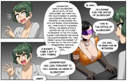  4headboiii ahoge breasts business_suit choker cleavage comic corporatification dialogue earrings expressionless female_only femsub forced_employee green_hair id_card large_breasts office_lady open_mouth opera_gloves original sweat tech_control text visor yellow_eyes yeruka_(4headboiii) 
