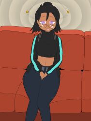 bangs black_hair breasts coin couch crop_top drool empty_eyes expressionless female_only femsub glasses heavy_eyelids jacket jeans midriff navel open_mouth original pendulum pink_eyes purple_eyes short_hair sitting sobergin spiral_background tan_skin thick_thighs thighs tied_hair