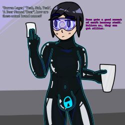  aware black_hair bodysuit bottle bulge collarbone consensual drone eyebrows_visible_through_hair female_only femsub glowing grey_background grey_eyes humor iris_azure latex null_bulge original parody self_hypnosis short_hair simple_background small_breasts solo spiral tech_control text tight_clothing trance_delightful visor 