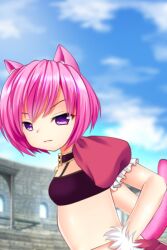 animal_ears ass blush bottomless bouncing_breasts bra breasts cat_ears cat_girl collar empty_eyes female_only femsub m_a_m_i open_mouth original pink_eyes pink_hair purple_eyes pussy short_hair skirt small_breasts tail text trigger underwear undressing