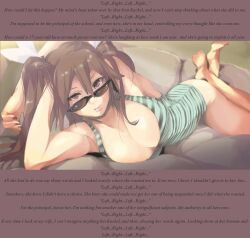    alternate_costume animated animated_gif armadillo-tokage armpits bare_legs barefoot breasts brown_eyes brown_hair caption cleavage feet femdom glasses kantai_collection large_breasts long_hair looking_at_viewer lying manip pov pov_sub stroke_(manipper) sunglasses text tone_(kantai_collection) twintails 
