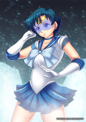blue_hair breasts choker earrings female_only gloves hadant jewelry large_breasts opera_gloves sailor_mercury sailor_moon_(series) short_hair signature simple_background skirt solo visor watermark