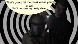 3d abby_anderson_(tlou2) absurdres androgynous femdom gas_mask hypnotic_gas lev_(tlou2) malesub spiral text the_last_of_us