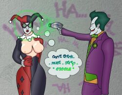  batman_(series) breasts breasts_outside dc_comics expressionless femsub gradient_text harley_quinn hypnolad hypnotic_gun maledom mask open_clothes raygun spiral_eyes super_hero symbol_in_eyes tech_control text the_joker thought_bubble undressing western 