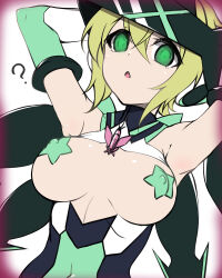 akatsuki_kirika bare_shoulders blonde_hair breasts cleavage empty_eyes expressionless female_only femsub gloves glowing glowing_eyes green_eyes helmet kuro_mushi leotard magical_girl open_clothes open_mouth opera_gloves pasties senki_zesshou_symphogear short_hair small_breasts solo star_pasties surprised tongue unaware