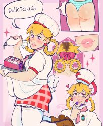  absurdres alternate_hairstyle apron ass ass_expansion blonde_hair blush chef_uniform earrings feminization finger_to_mouth heart hypnotic_accessory hypnotic_food lip_expansion nintendo nsfwbrucie panties patissere_peach pink_eyes princess_peach princess_peach_showtime ribbon signature simple_background skirt smile sparkle stepfordization text thick_thighs thighhighs transformation underwear 