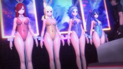  3d blonde_hair blue_hair bunny_ears bunnysuit dollhouse dollification empty_eyes erza_scarlet expressionless fairy_tail femsub large_breasts levy_mcgarden long_hair lucy_heartfilia one_bar_prison red_hair short_hair small_breasts standing wendy_marvell 