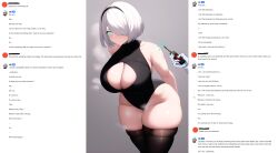  ai_art breasts caption cleavage female_only femsub huge_breasts large_breasts manip nier_automata remote_control spiral_eyes sweat tech_control text thick_thighs white_hair yorha_no._2_type_b 
